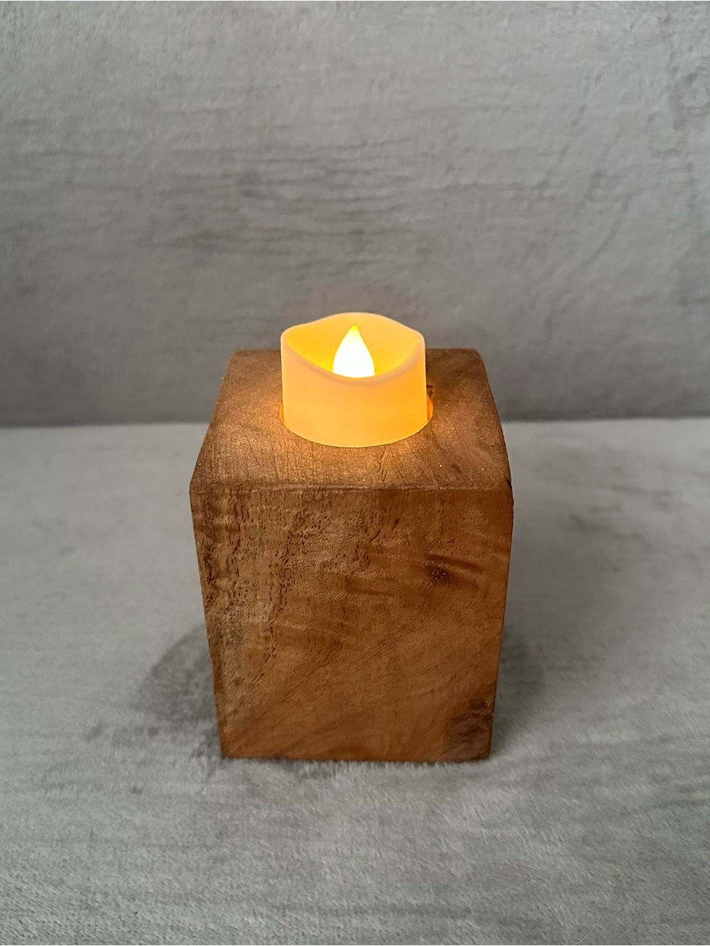 Handcrafted Wood Cube Tea Light Holder with Amber LED Candle